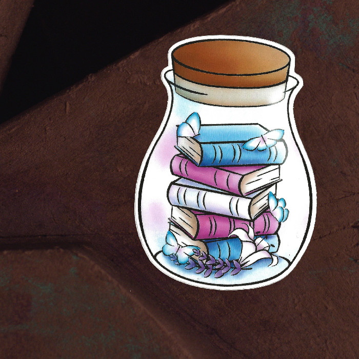 A sticker with a bottle, books stacked inside. Books are the trans flag colors.